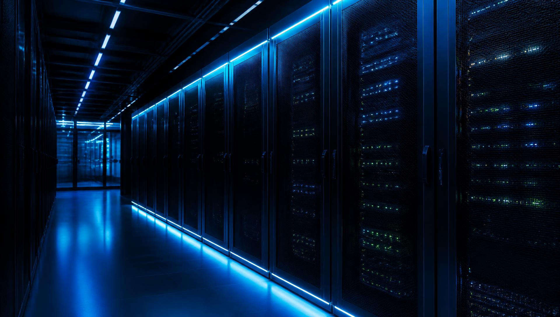 European data centre corridor with illuminated server racks